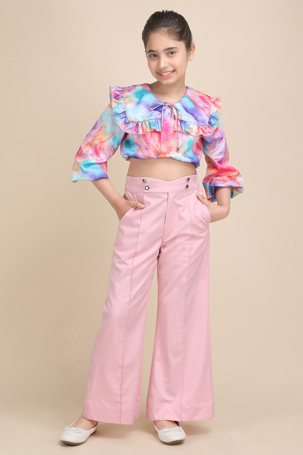 Whimsical Charm Pink Korean Bell Pant & Crop Top Set