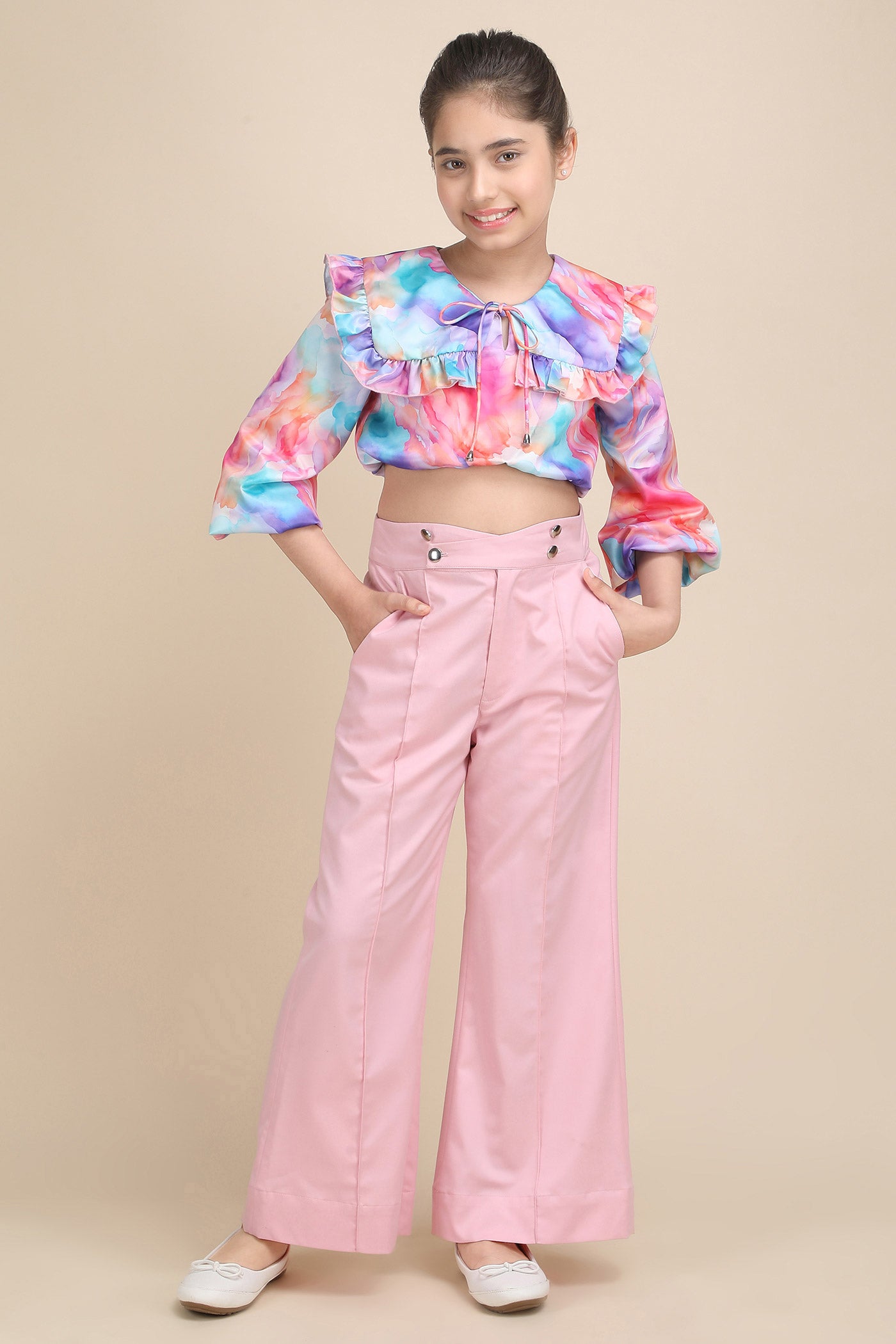 Whimsical Charm Pink Korean Bell Pant & Crop Top Set