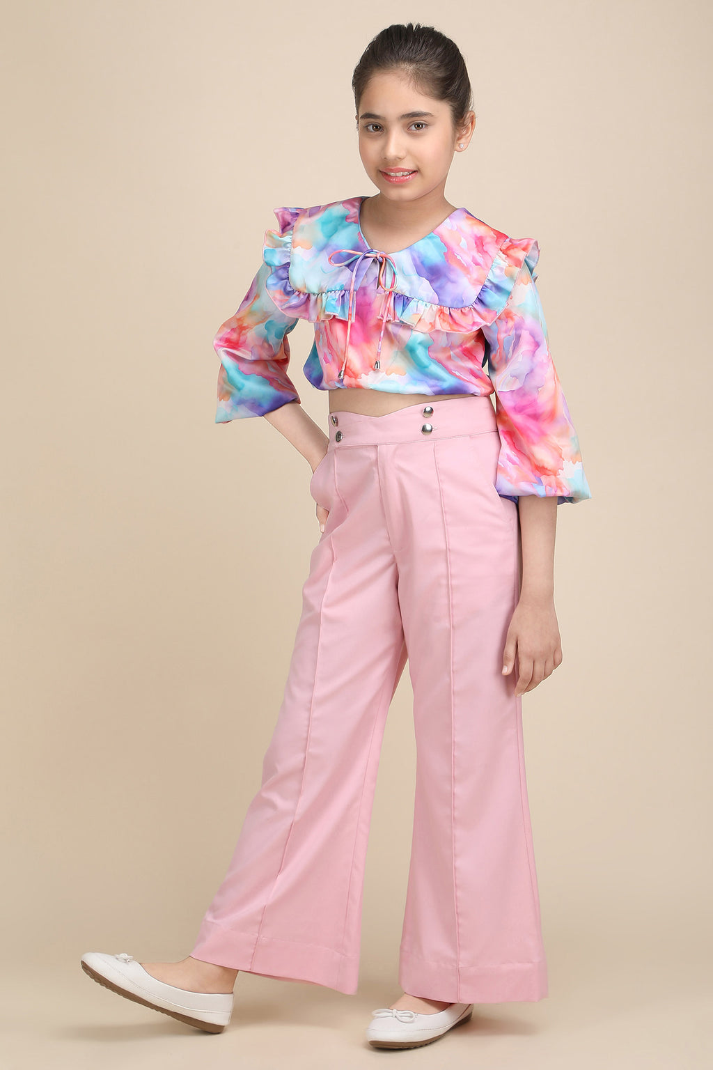 Whimsical Charm Pink Korean Bell Pant & Crop Top Set