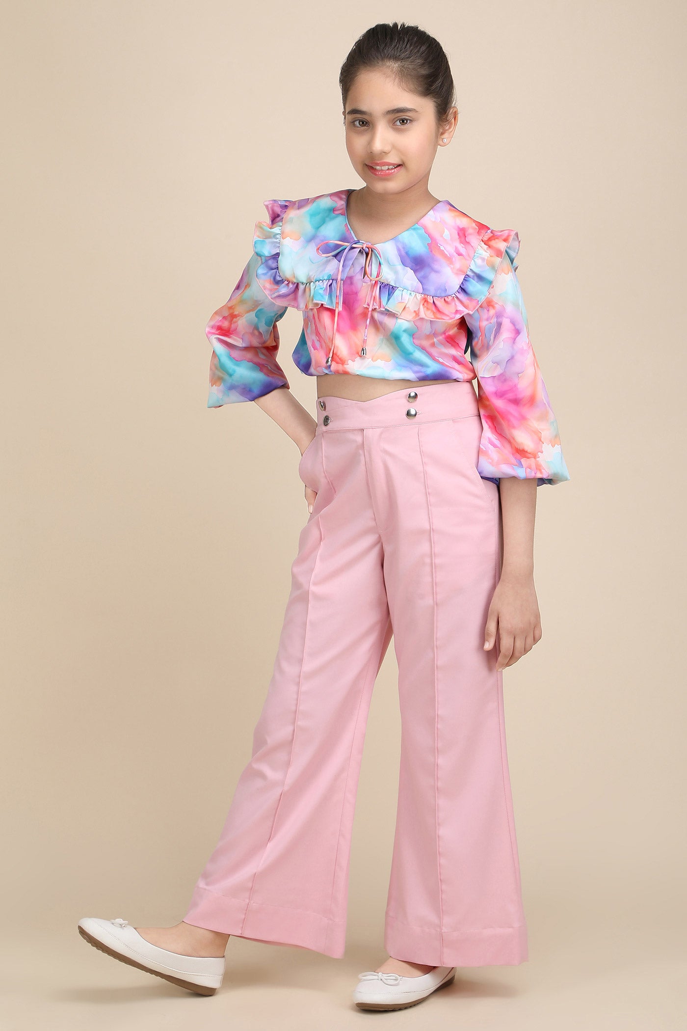 Whimsical Charm Pink Korean Bell Pant & Crop Top Set
