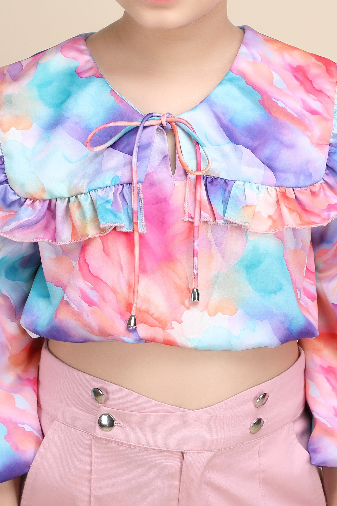 Whimsical Charm Pink Korean Bell Pant & Crop Top Set