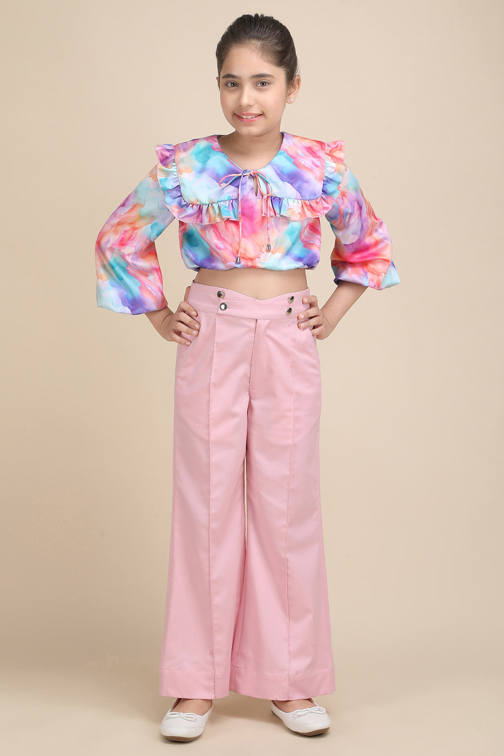 Whimsical Charm Pink Korean Bell Pant & Crop Top Set