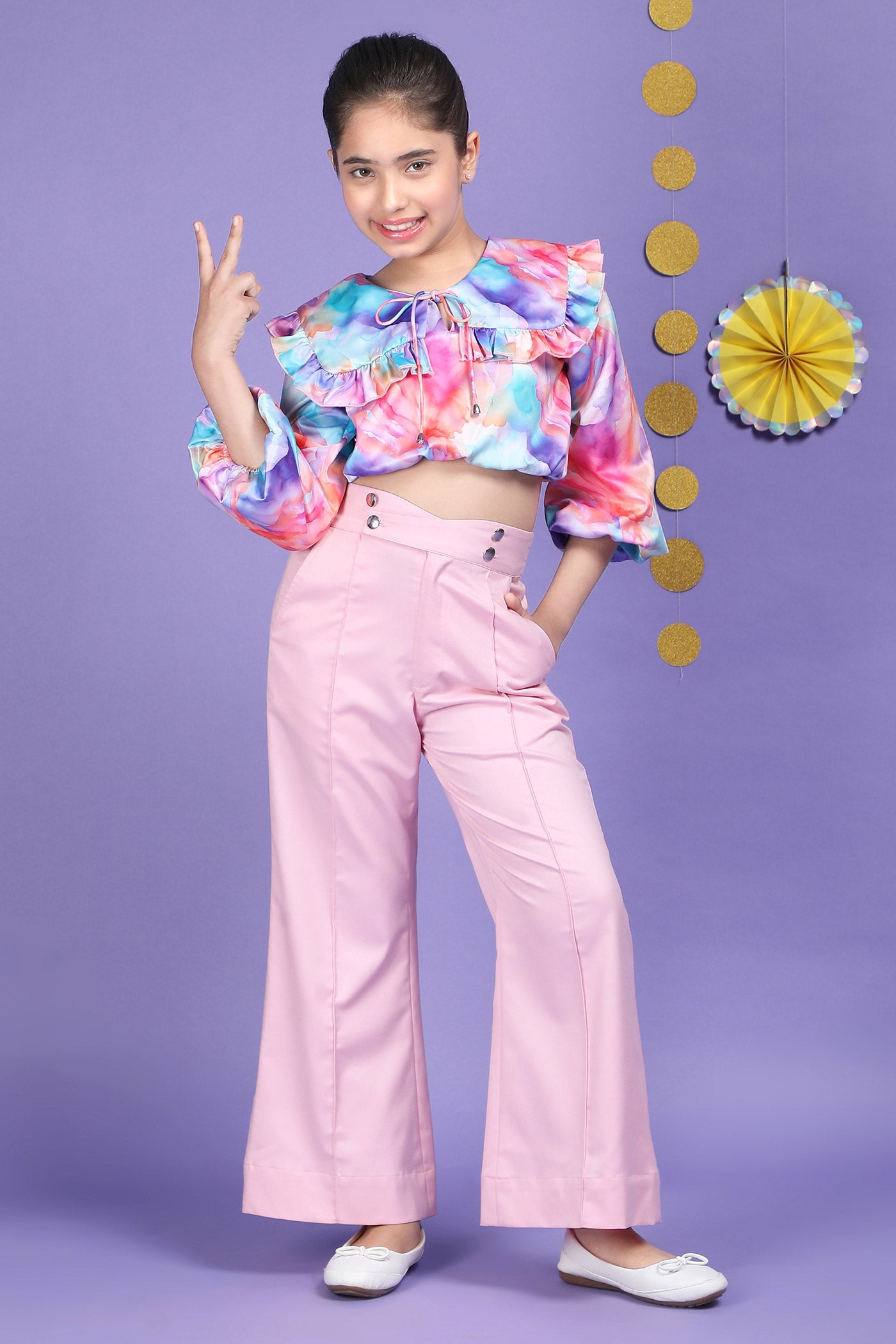 Whimsical Charm Pink Korean Bell Pant & Crop Top Set