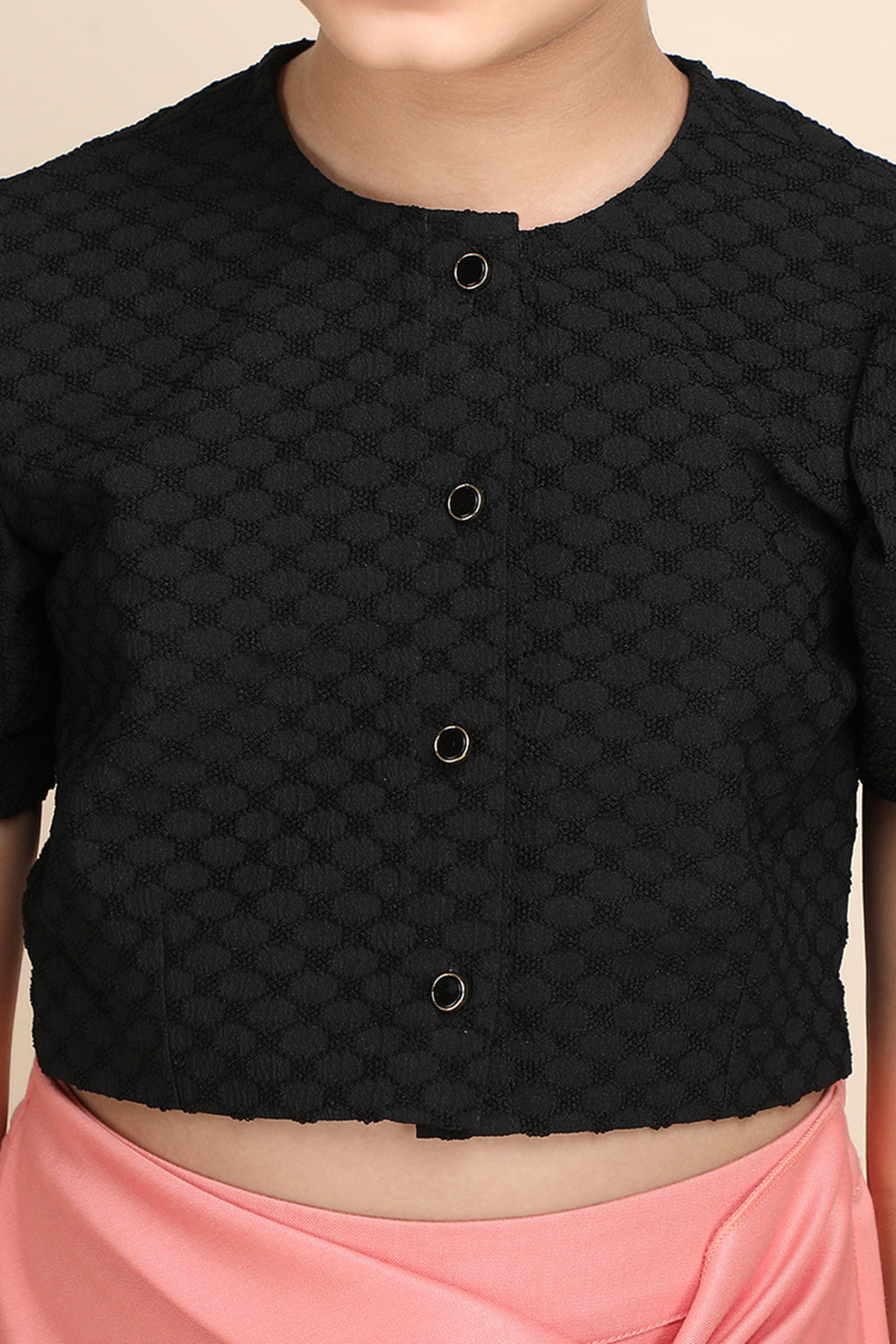 Black Textured Puff Sleeve Crop Top