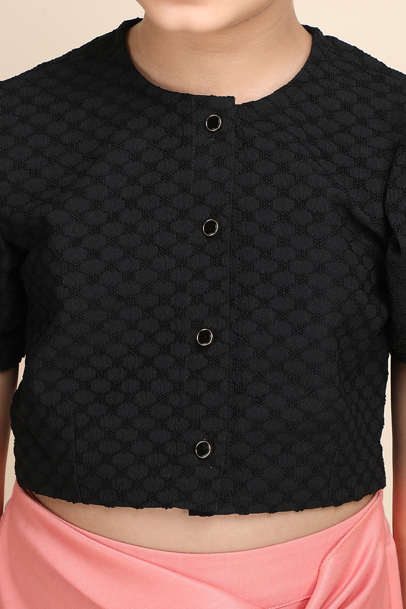 Black Textured Puff Sleeve Crop Top