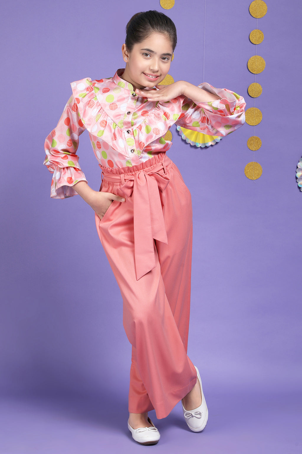 Polka Chic Ruffle Shirt & Peach Wide-Leg Korean Pant Set