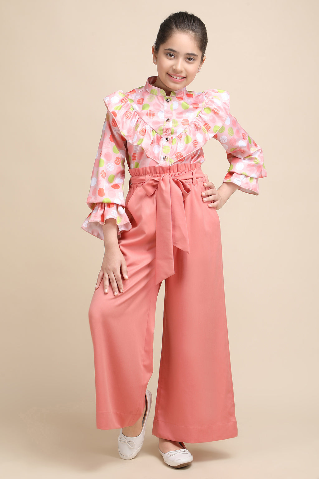 Polka Chic Ruffle Shirt & Peach Wide-Leg Korean Pant Set