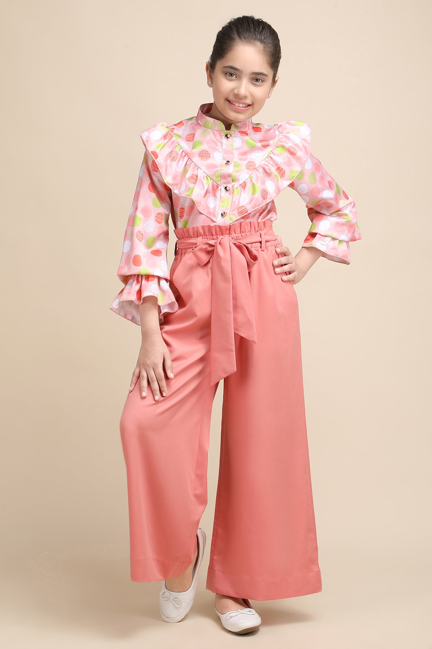 Polka Chic Ruffle Shirt & Peach Wide-Leg Korean Pant Set