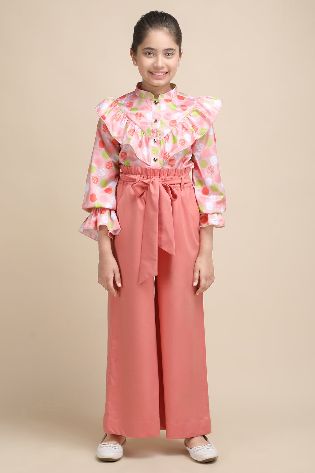 Polka Chic Ruffle Shirt & Peach Wide-Leg Korean Pant Set