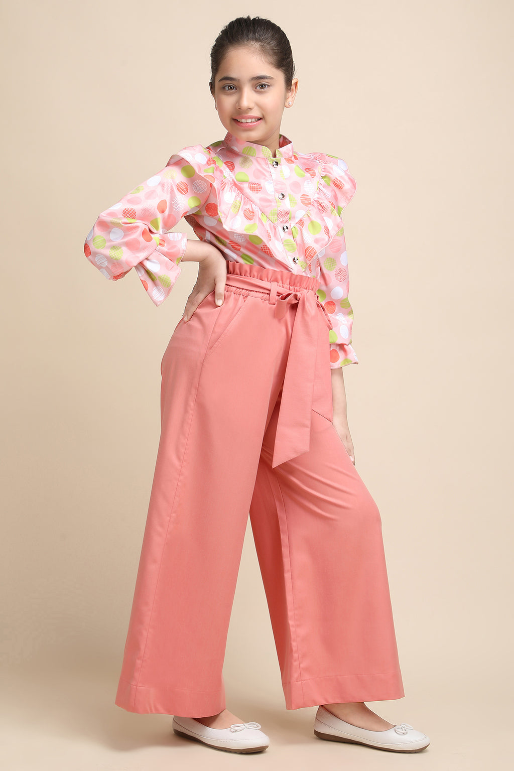 Polka Chic Ruffle Shirt & Peach Wide-Leg Korean Pant Set