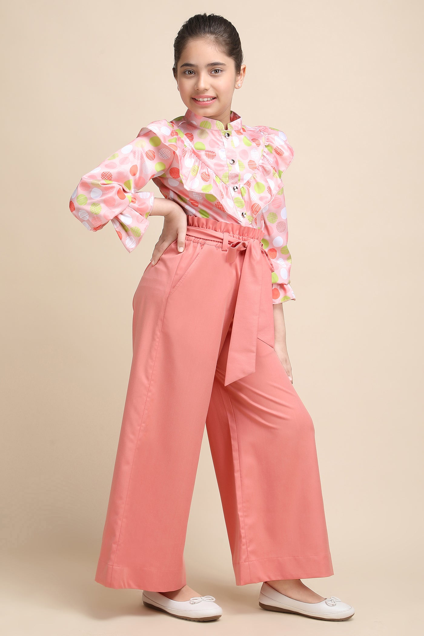 Polka Chic Ruffle Shirt & Peach Wide-Leg Korean Pant Set