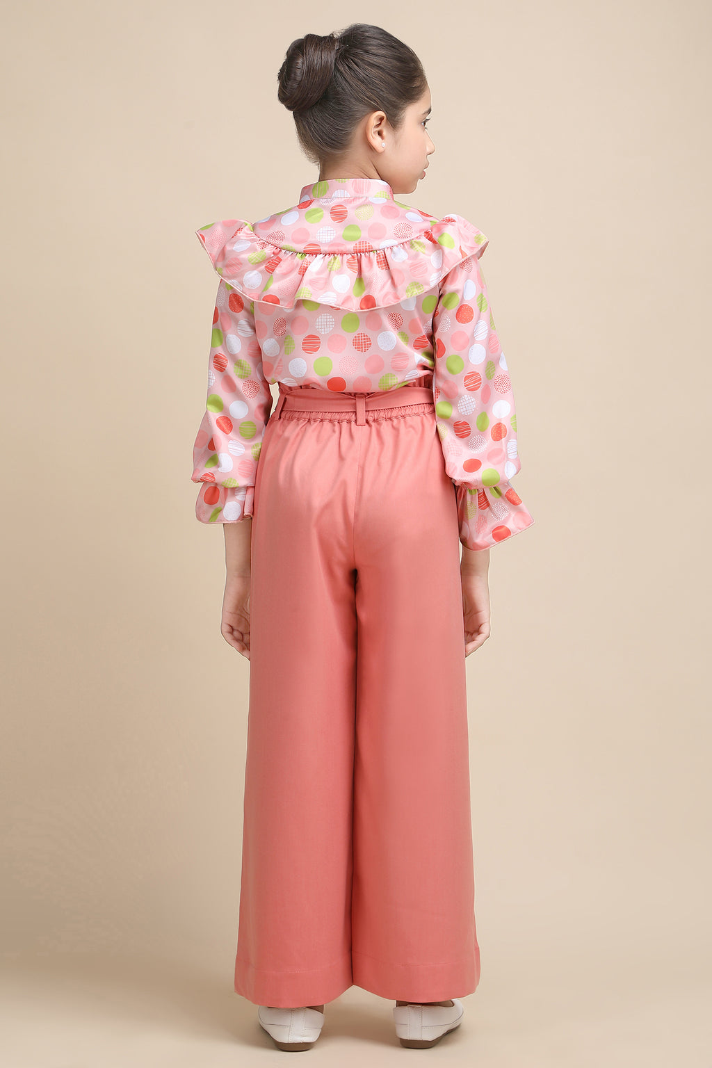 Polka Chic Ruffle Shirt & Peach Wide-Leg Korean Pant Set
