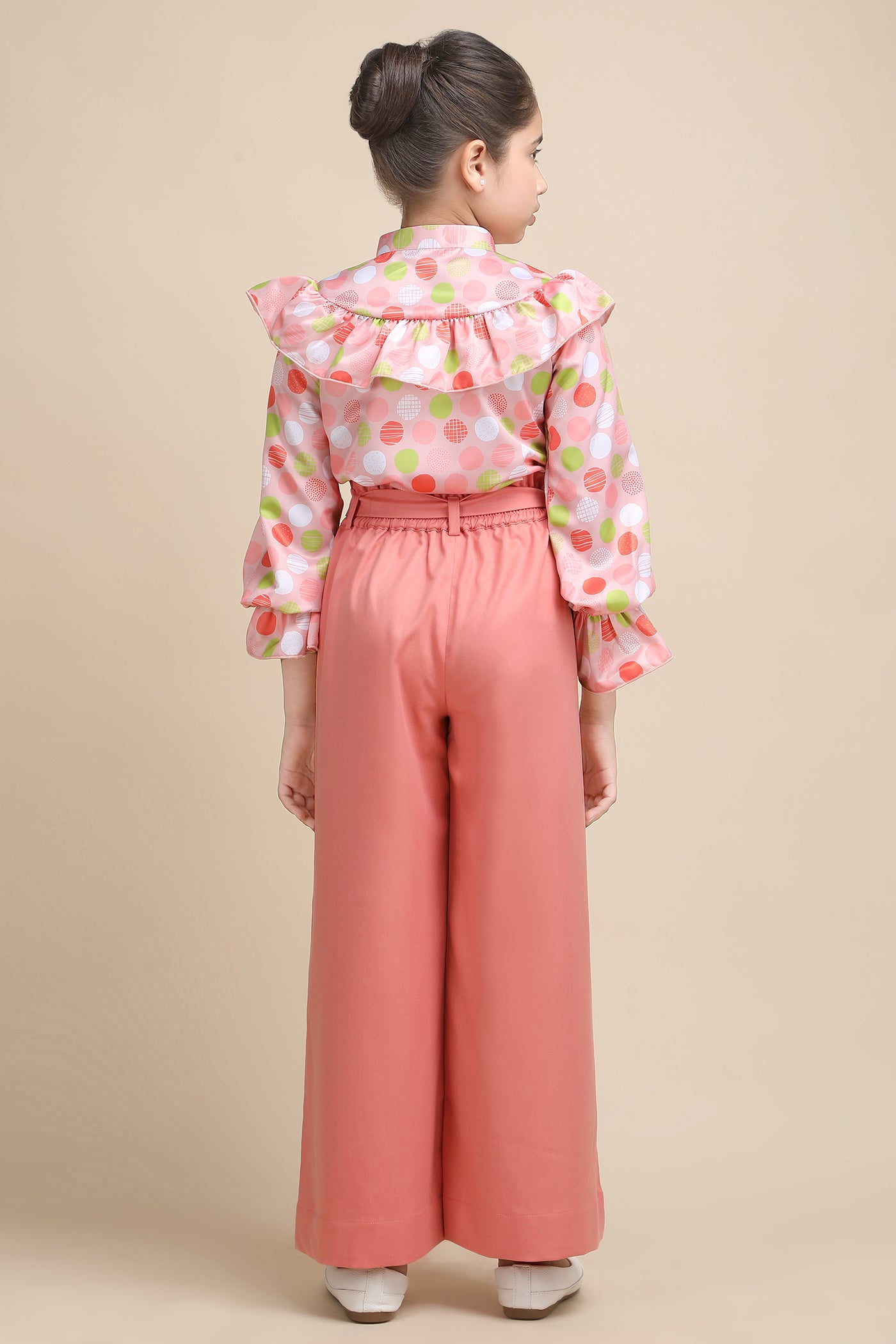 Polka Chic Ruffle Shirt & Peach Wide-Leg Korean Pant Set