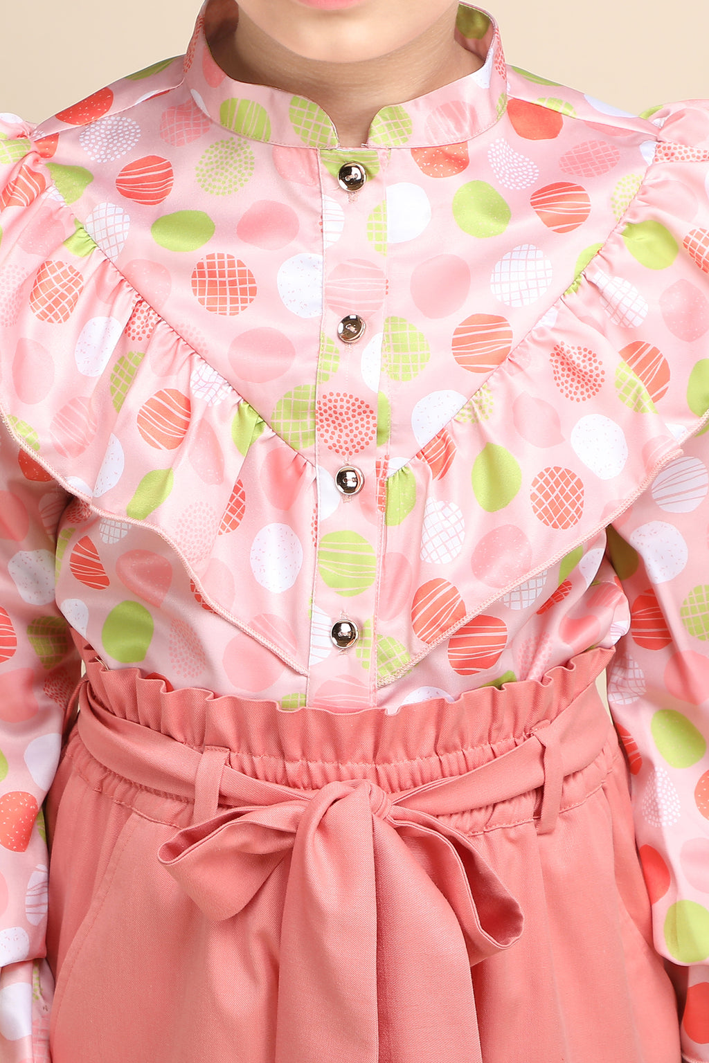 Polka Chic Ruffle Shirt & Peach Wide-Leg Korean Pant Set