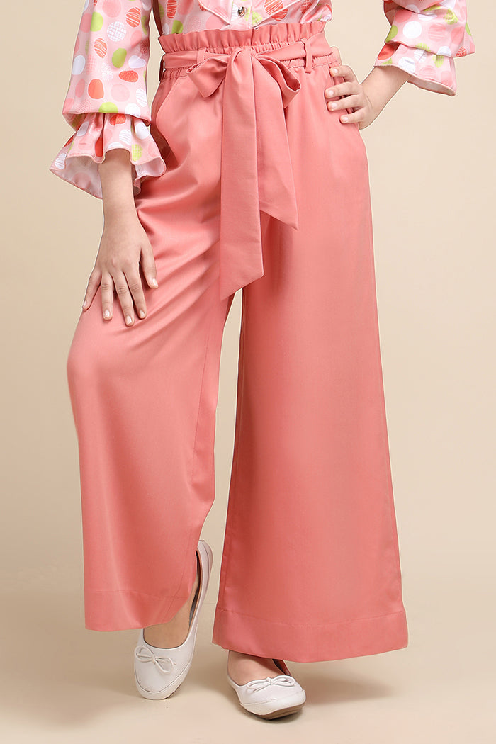 Peach Ruffle Waist Wide-Leg Korean Pants