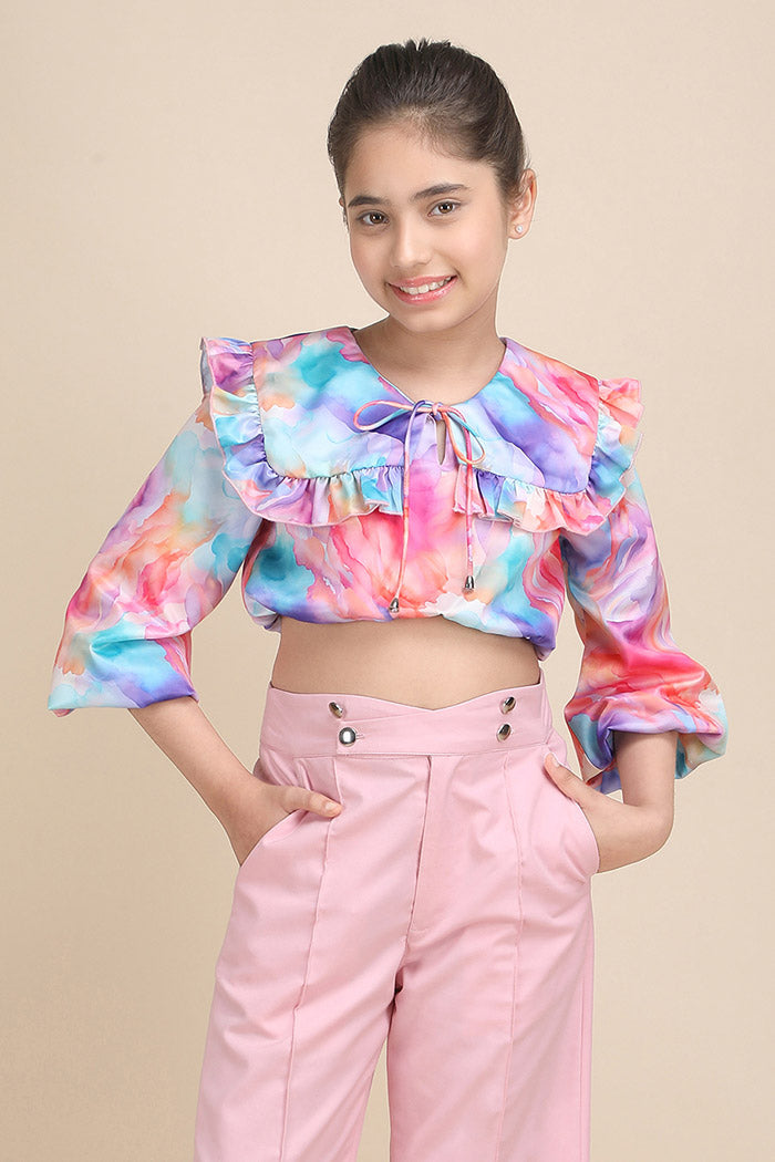 Graphic Dilution Ruffle Crop Top
