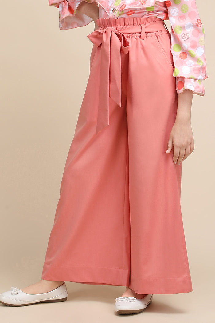 Peach Ruffle Waist Wide-Leg Korean Pants