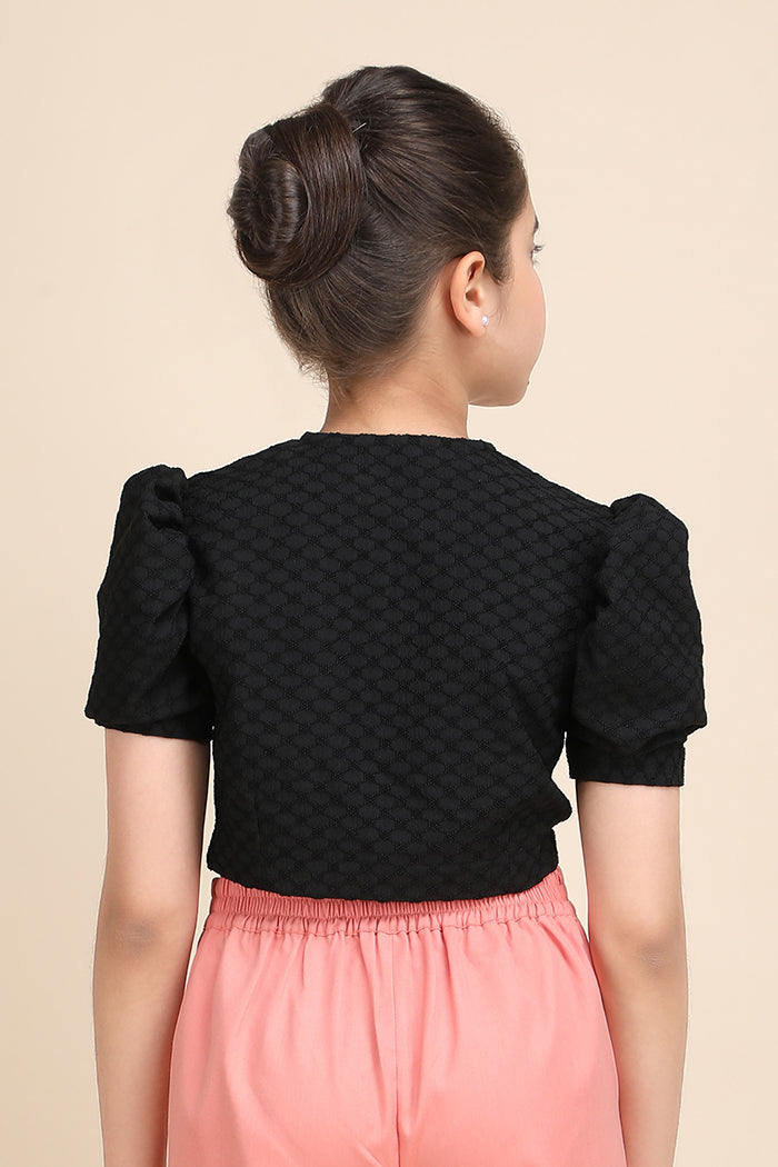 Black Textured Puff Sleeve Crop Top