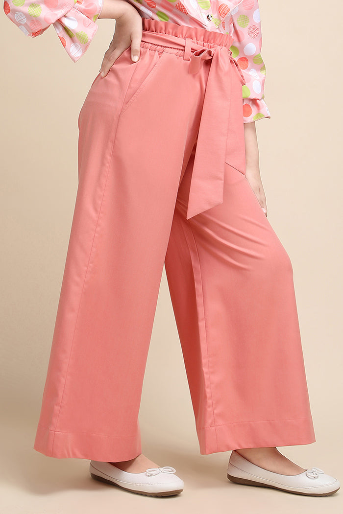 Peach Ruffle Waist Wide-Leg Korean Pants