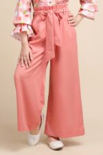 Peach Ruffle Waist Wide-Leg Korean Pants - Image 2
