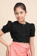 Black Textured Puff Sleeve Crop Top - Image 3