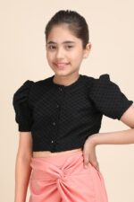 Black Textured Puff Sleeve Crop Top - Image 2